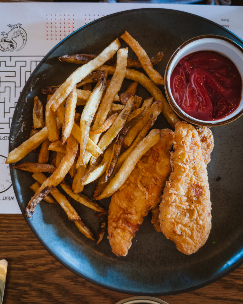 Allswell - Waterside Place Review 86 Kids country style chicken tenders with hand cut fries and ketchup on the Allswell children's menu