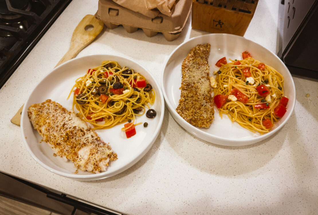 Almond-Crusted Tilapia with Mediterranean Pasta
