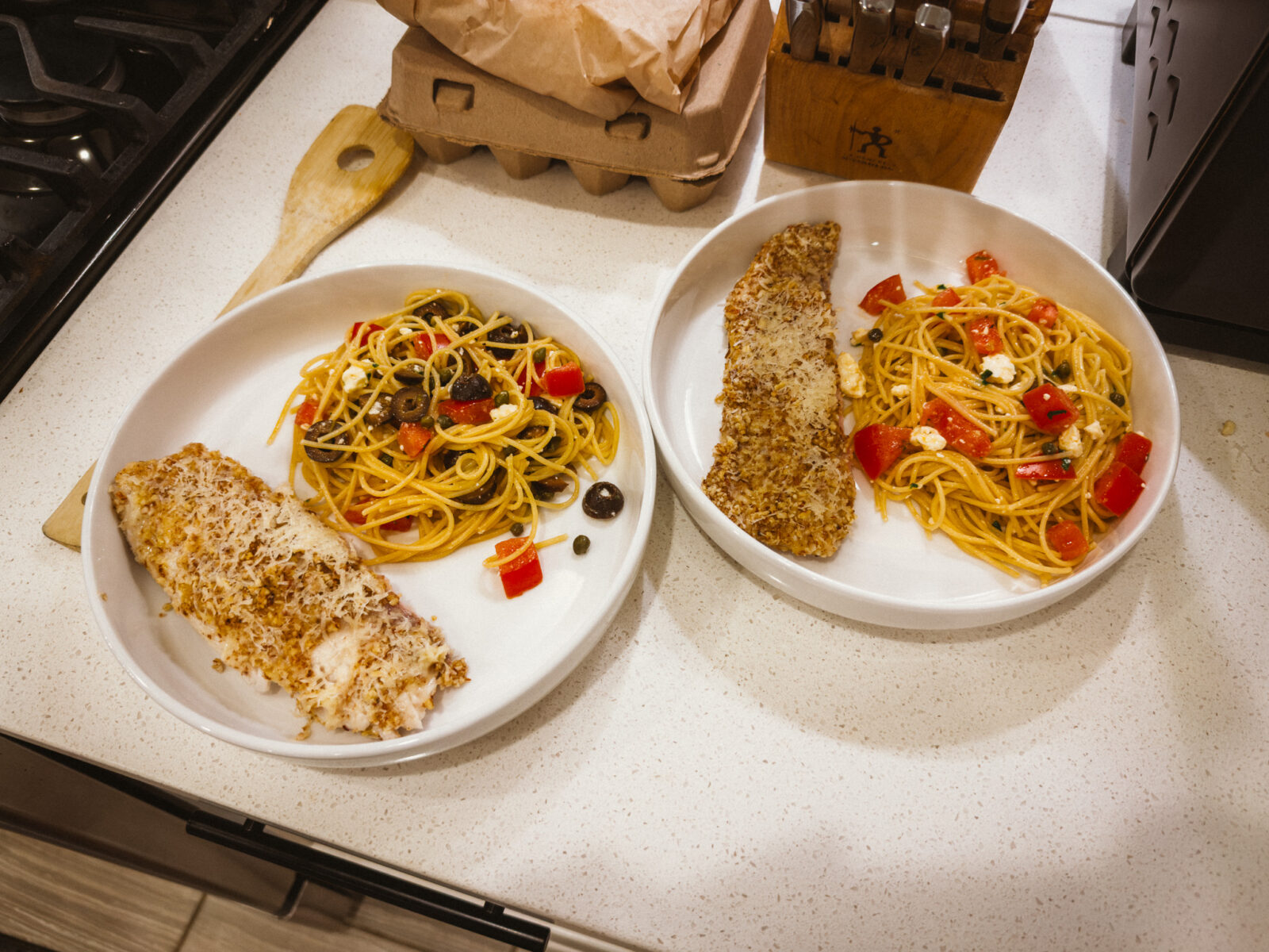 Almond-Crusted Tilapia with Mediterranean Pasta