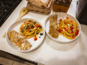 Almond-Crusted Tilapia with Mediterranean Pasta